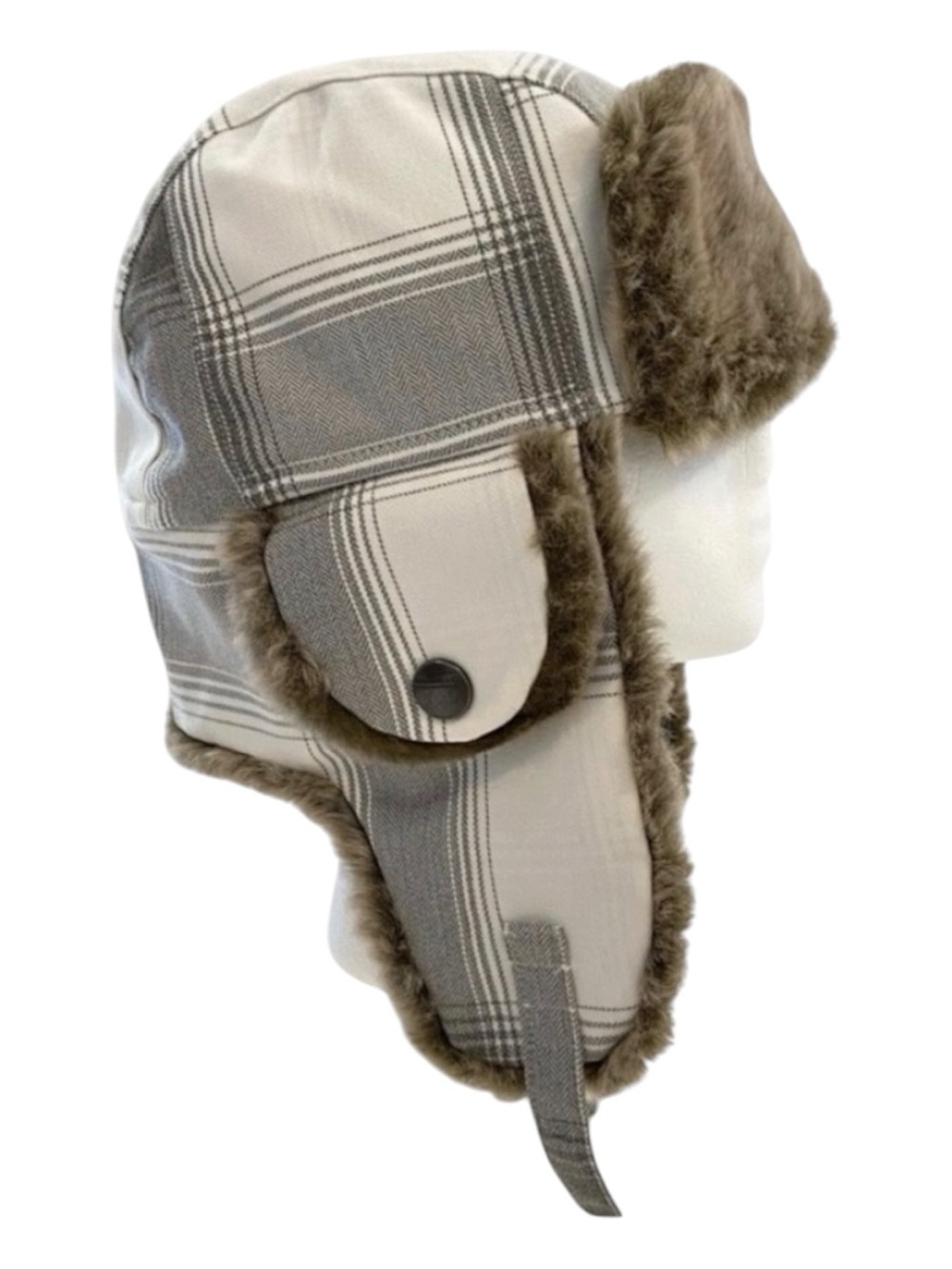 Merrell white Plaid Trapper Hat with Faux Fur aviator convertible unisex beanie
